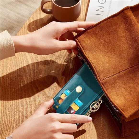 Slim Wallet for Women, 1-Oil Wax-Peacock blue - Picture 4 of 5